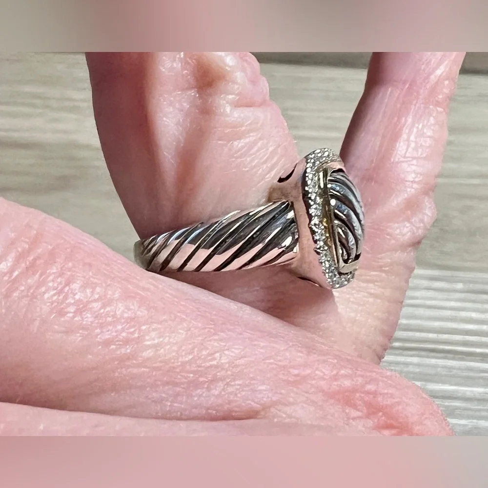 Designer Signed ATR Sterling Silver 14k Yellow Gold Diamond Cable Ring, Size 7